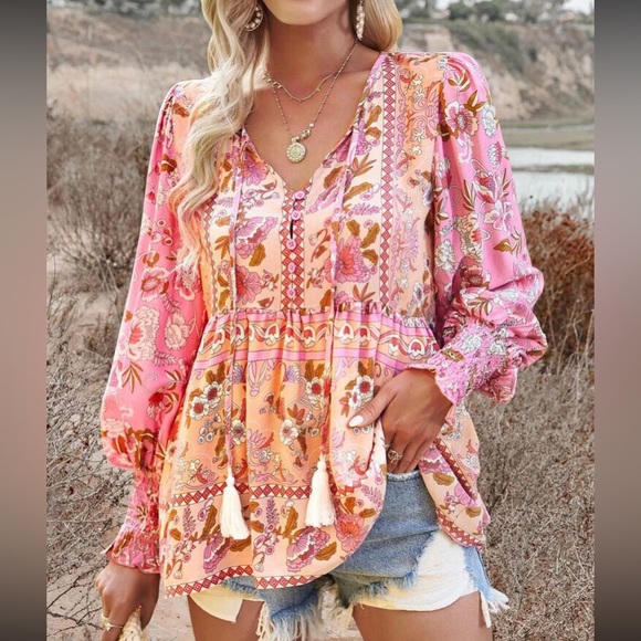 Boho Floral Ruffle Blouse — V-Neck Lantern Sleeve Button-Down Top